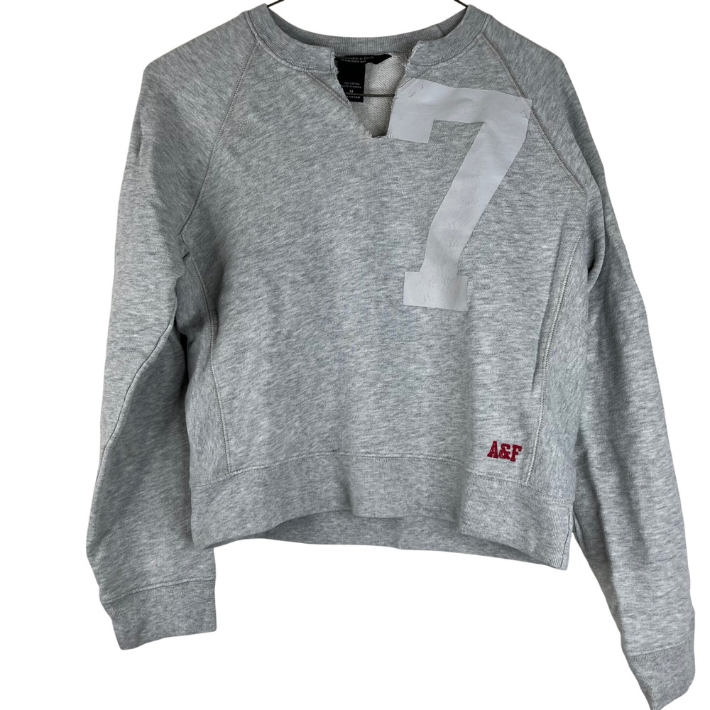 Abercrombie & Fitch Sweatshirt Medium Gray Cotton Graphic 7 V-Neck Pullover M